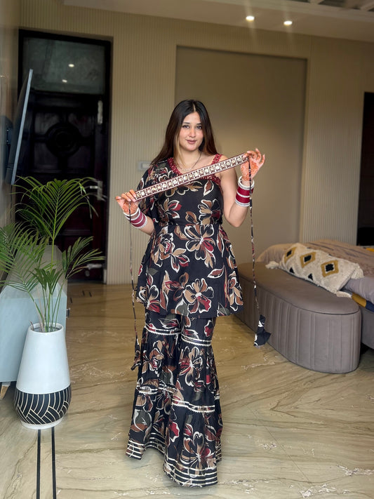 “Black Floral Sharara Set with Belt and Dupatta”
