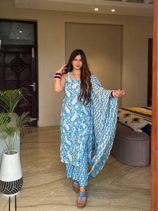 "Sky Handblock Printed Cotton Suit Set" đź’™