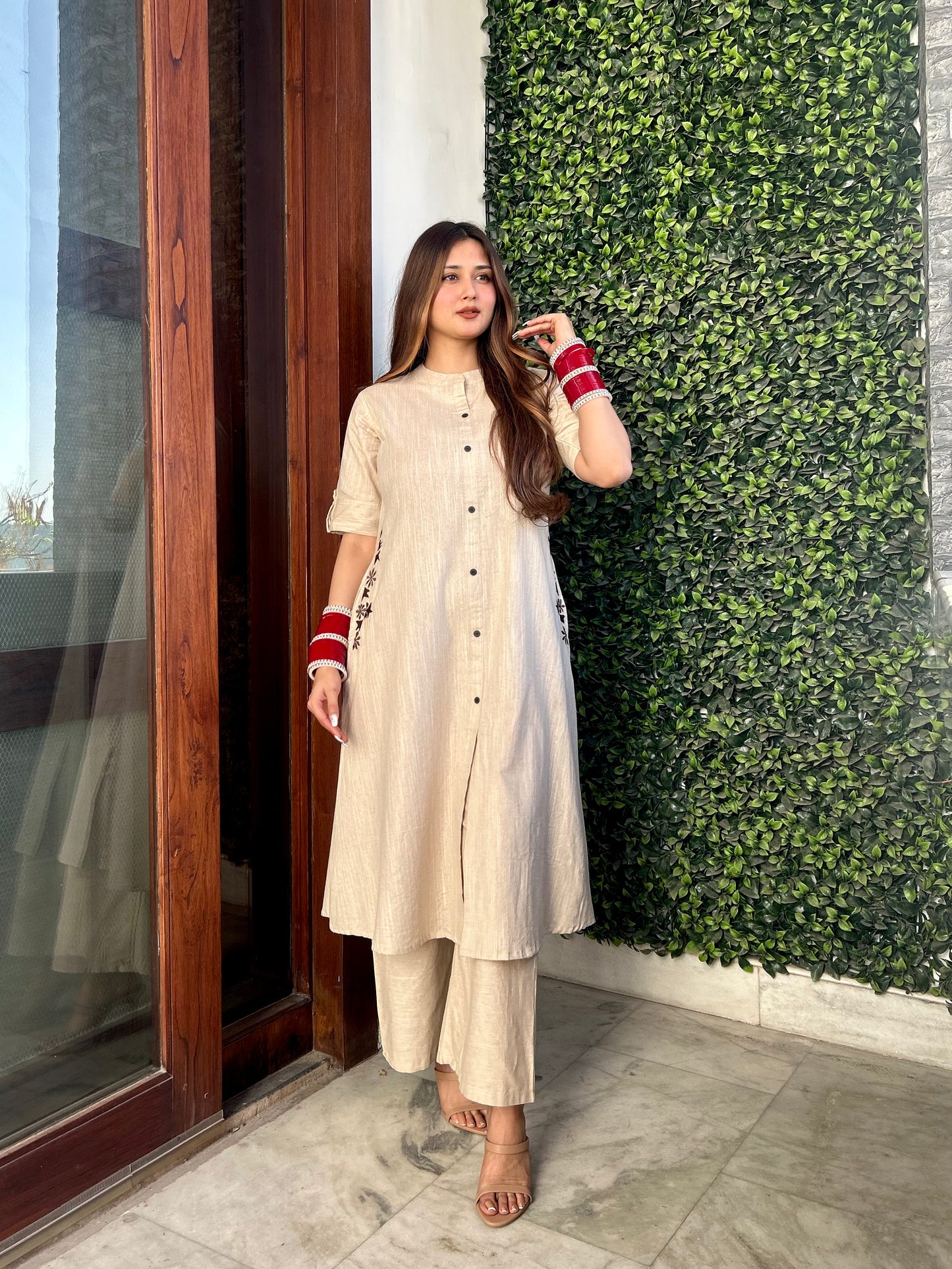“Beige Cotton A-Line Co-Ord Set – Stylish and Comfortable”