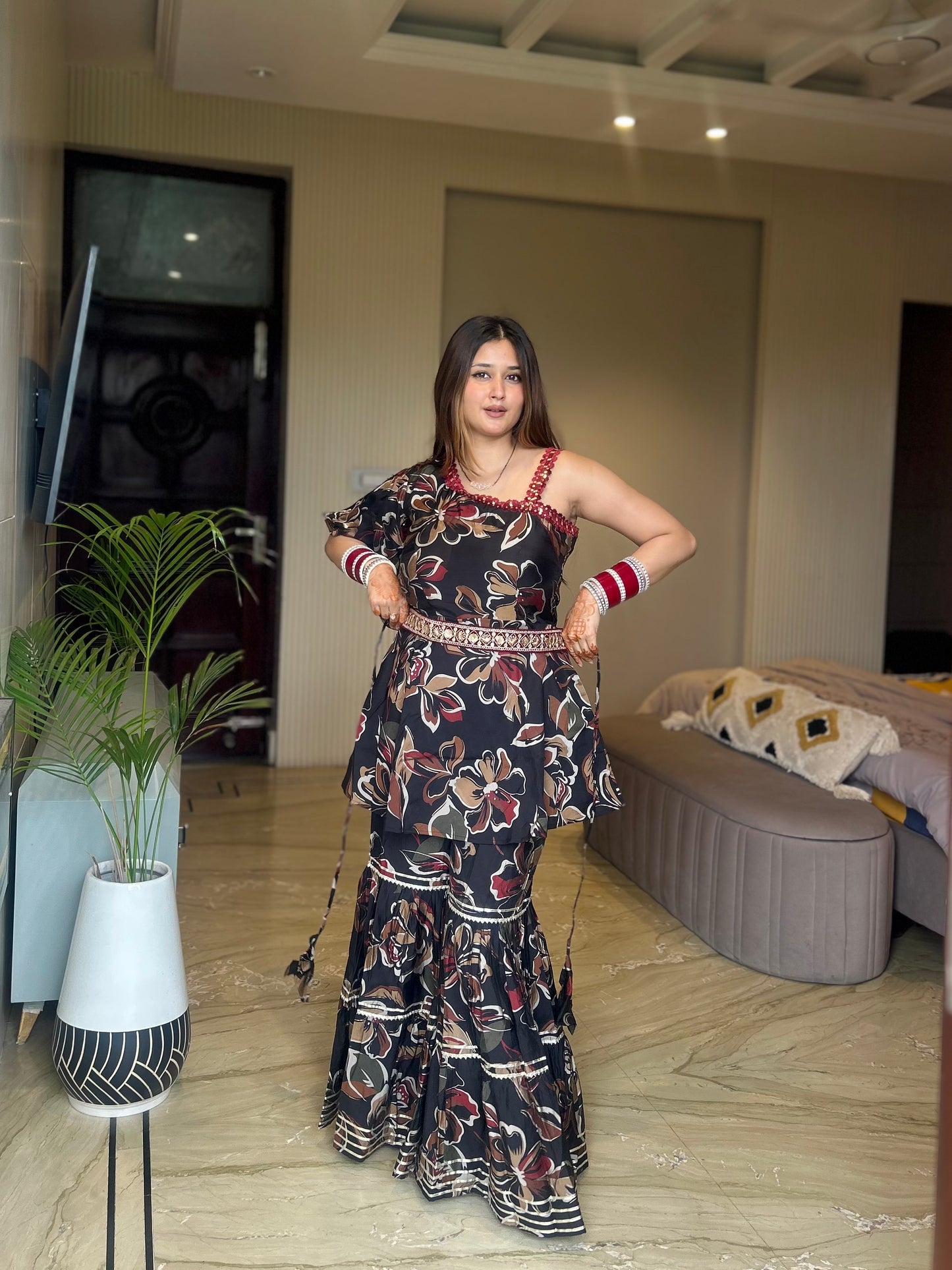“Black Floral Sharara Set with Belt and Dupatta”
