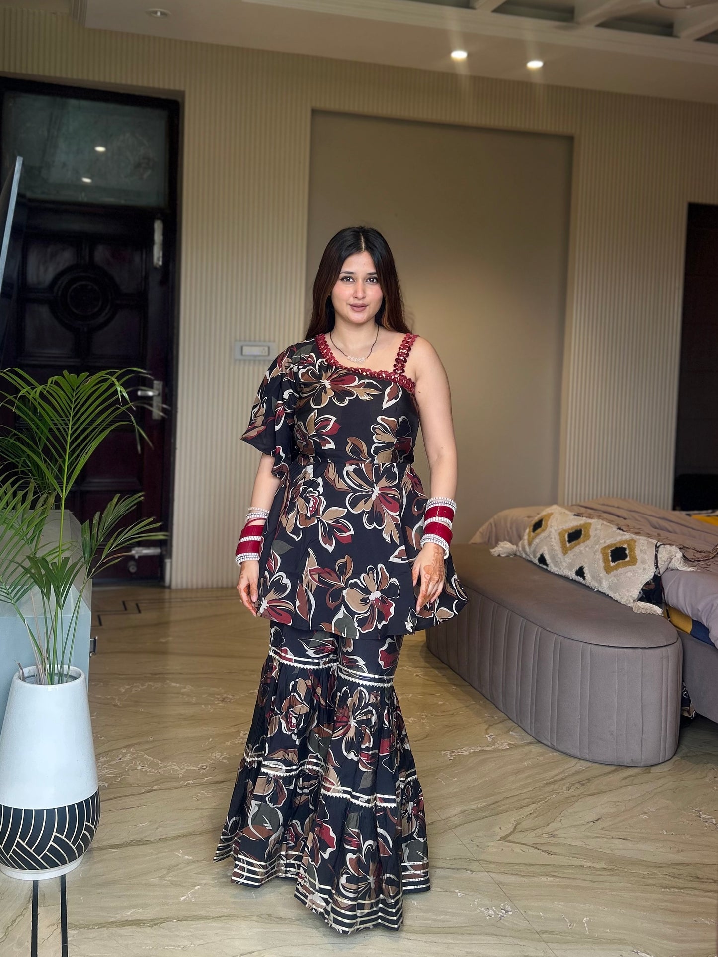 “Black Floral Sharara Set with Belt and Dupatta”