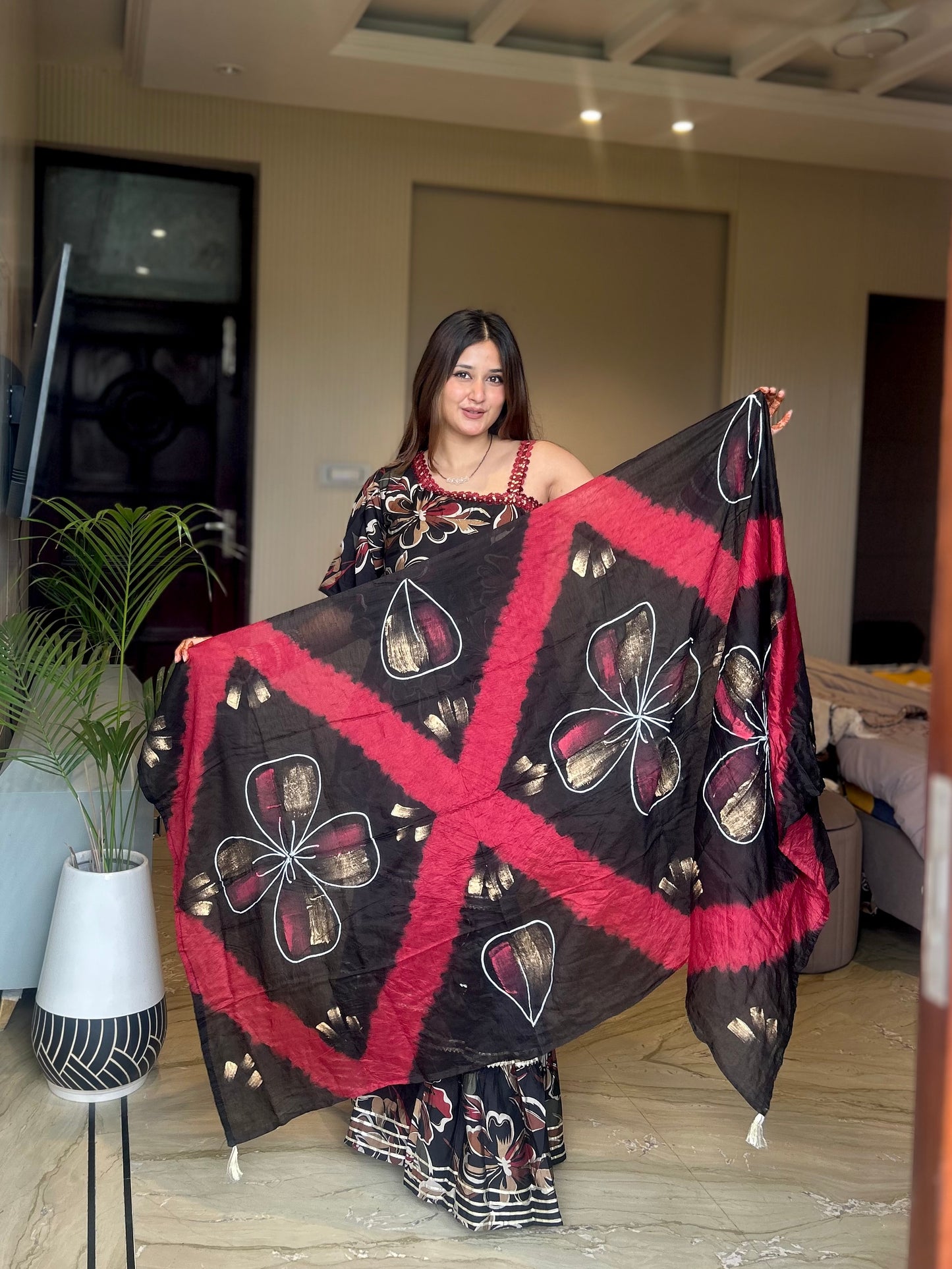 “Black Floral Sharara Set with Belt and Dupatta”