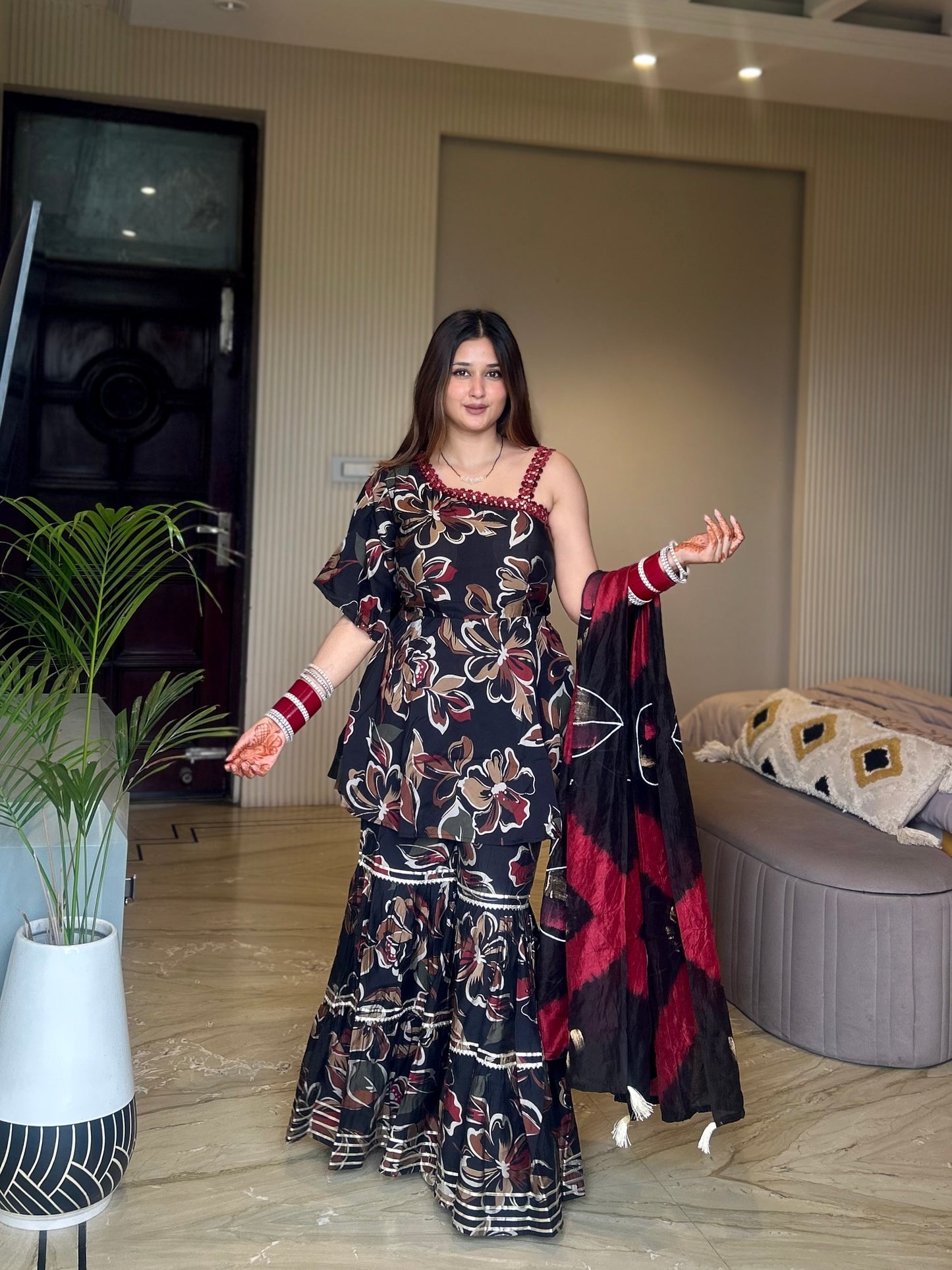 “Black Floral Sharara Set with Belt and Dupatta”